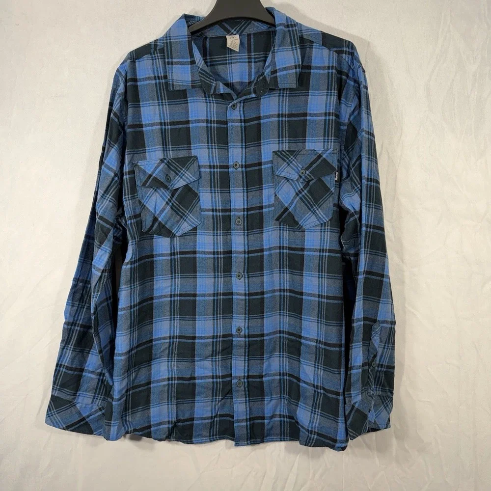 Hurley Long‎ Sleeve Button Shirt Men's Size 2XL Blue Plaid Flannel Cotton Blend